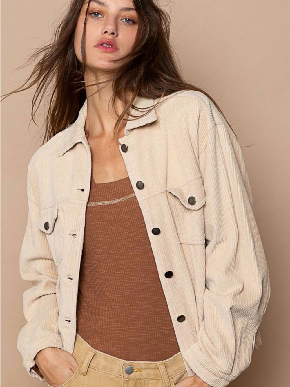 POL Beige Cropped Corduroy Jacket with Frayed Hem